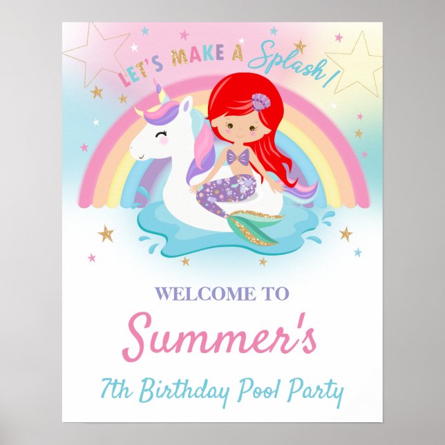 Sjöjungfru och Unicorn Bassäng Födelsedagsfest Väl Poster (Framsidan)