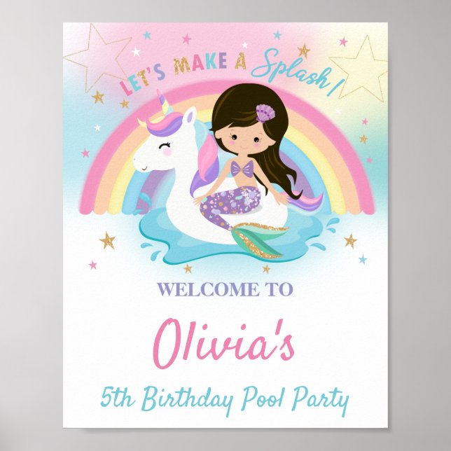 Sjöjungfru och Unicorn Bassäng Födelsedagsfest Väl Poster (Framsidan)