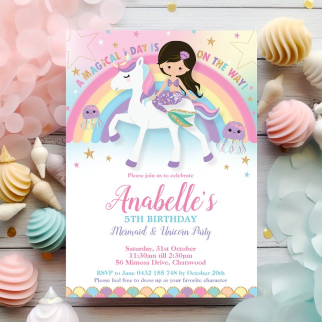 Sjöjungfru- och Unicorn Birthday-inbjudningar Regn Inbjudningar (whimsical cute mermaid and unicorn rainbow jellyfish pool birthday party invitation cards download )