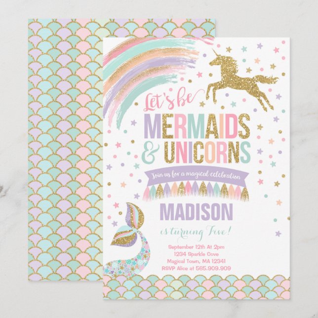 Sjöjungfru och Unicorn Birthday Investigation Magi Inbjudningar (Fram/baksida)