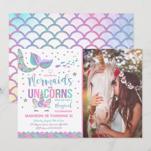 Sjöjungfru och Unicorn Birthday Investigation Magi Inbjudningar (Fram/baksida)