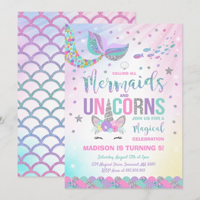 Sjöjungfru och Unicorn Birthday Investigation Magi Inbjudningar (Fram/baksida)