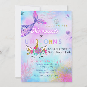 Sjöjungfru och Unicorn-Födelsedagsfest för en flic Inbjudningar
