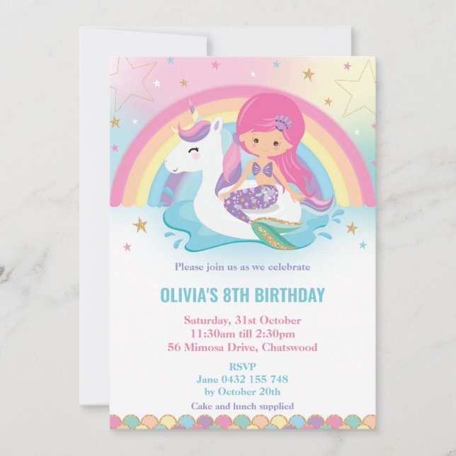 Sjöjungfru och Unicorn Rainbow Bassäng Party födel Inbjudningar (Framsida)