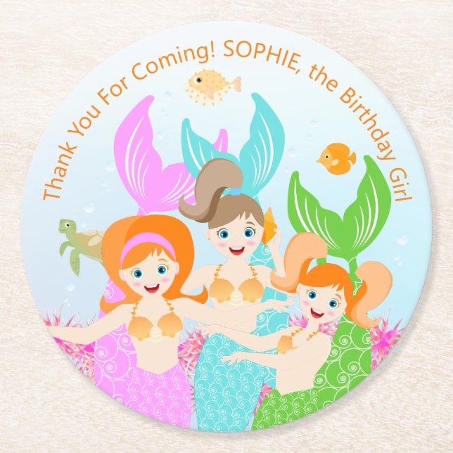 Sjöjungfru och vänner, giftig Födelsedagsfest Underlägg Papper Rund (Framsidan)