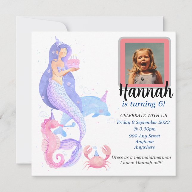 Sjöjungfru om födelsedagsflicka inbjudningar (Framsida)
