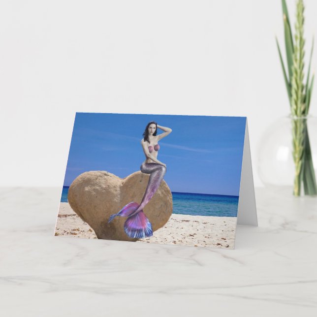 Sjöjungfru om Heart Sten Beach Valentine-dagen Kort (Framsida)