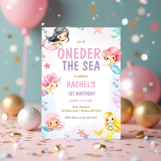 Sjöjungfru Oneder Sea Pastel 1:a födelsedagen Inbjudningar (Cute Mermaid Oneder the Sea Pastel 1st Birthday Invitation)
