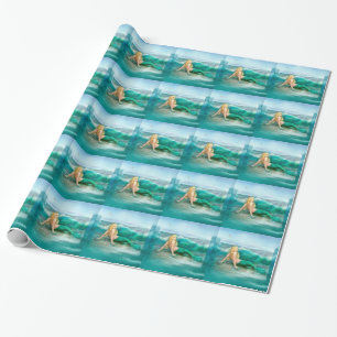 Sjöjungfru på kust med vinkar Aqua och fiskmåsa Presentpapper