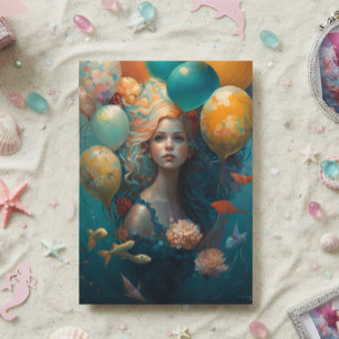 Sjöjungfru Painting Birthday Bubballons Kort