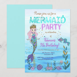 Sjöjungfru Party Lila Teal Glitter födelsedag Inbjudningar