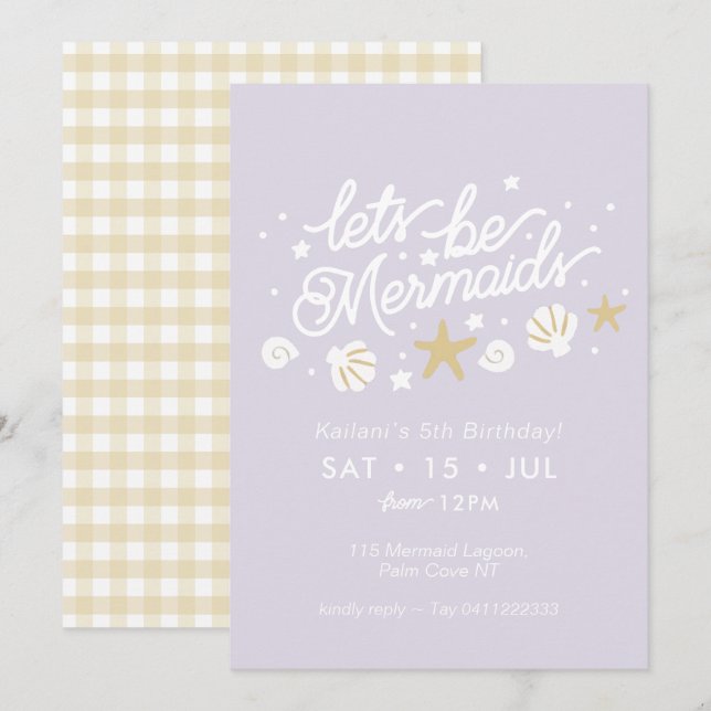 Sjöjungfru Party Lilac & Gingham Girls Birthday Inbjudningar (Fram/baksida)