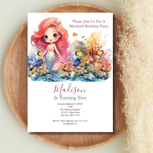 Sjöjungfru Party Trendig Populär Födelsedagsfest f Inbjudningar (Girls Mermaid Birthday Party invitation)