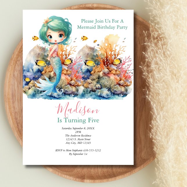 Sjöjungfru Party Trendig Popular Little Girls Birt Inbjudningar (Mermaid Girls Birthday Invitation. Coral Sea life)
