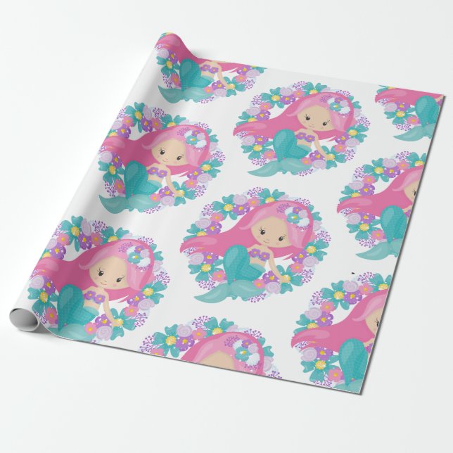 Sjöjungfru Party White Lila Wrapping Papper Presentpapper (Utrullad)