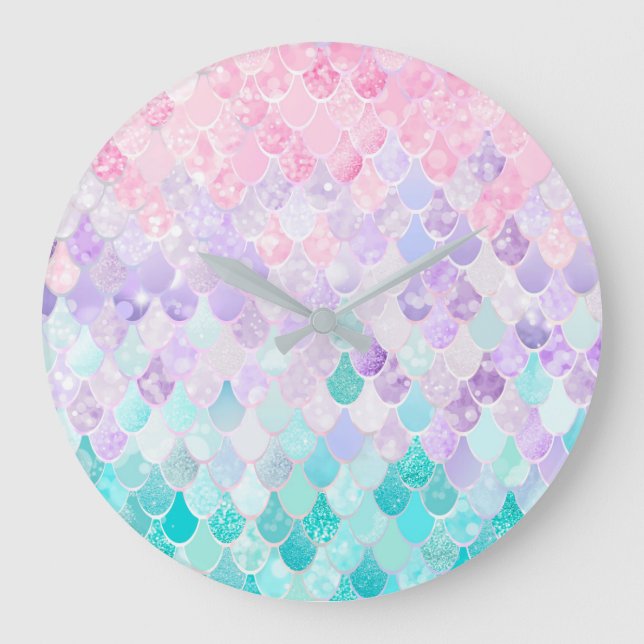 Sjöjungfru Pastel Girls Bedroom Nursery Clock Stor Klocka (Framsida)