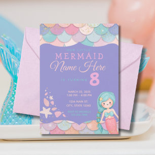 Sjöjungfru Pastel Rosa Lila Teal Girl's Birthday Inbjudningar