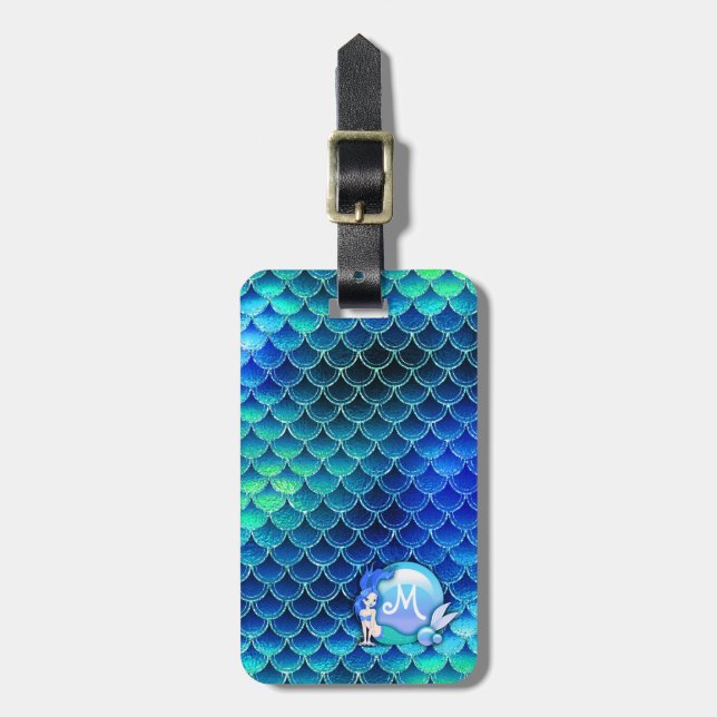Sjöjungfru Pearls and Scales Monogram Blue ID600 Bagagebricka (Vertikal Framsida)