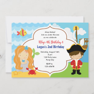 Sjöjungfru & Pirat Joint Birthday Inbjudan Boy Gir