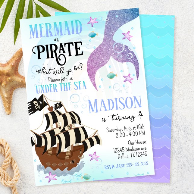 Sjöjungfru & Piratfest Under Havet Födelsedag  Inbjudningar (Skapare uppladdad)