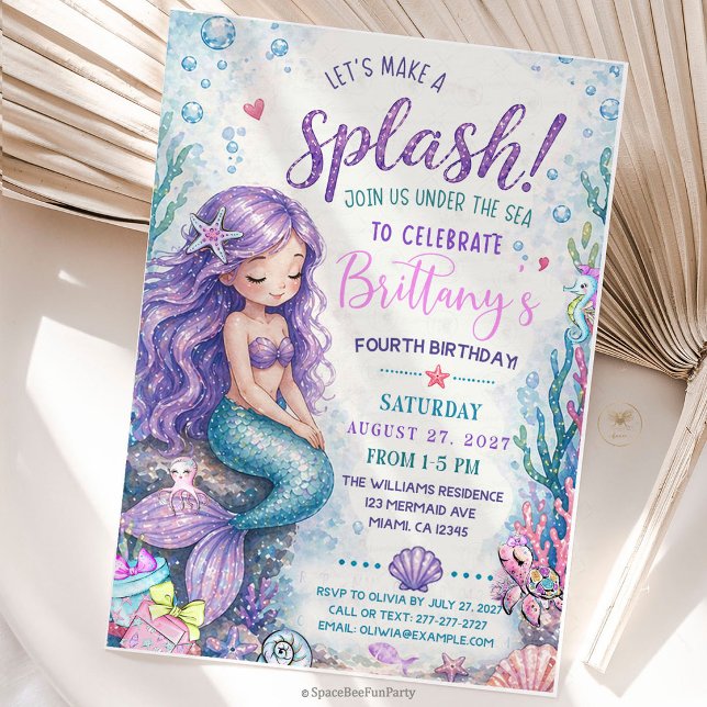 Sjöjungfru Plask i havets famn Inbjudningar (Make a splash with this adorable Mermaid “Splish Splash Under the Sea” Birthday Invitation — perfect)
