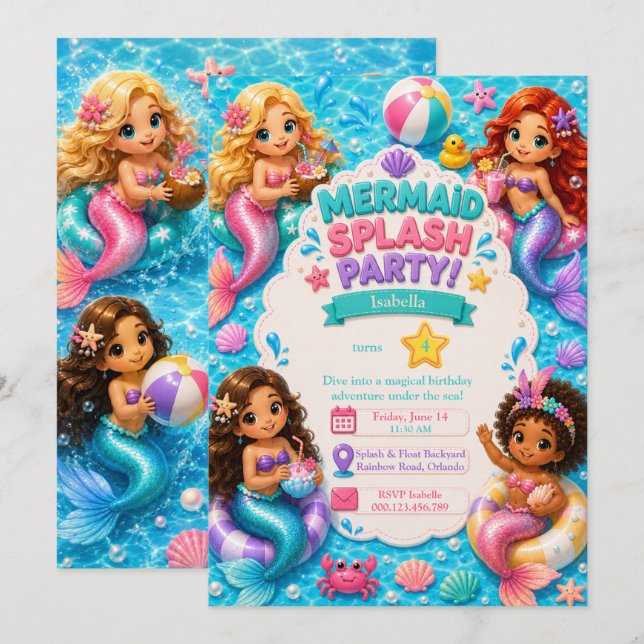 Sjöjungfru Poolparty Födelsedagsinbjudan Inbjudningar (Fram/baksida)