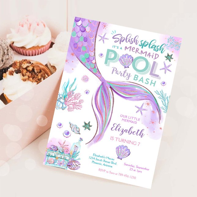 Sjöjungfru Poolparty Födelsedagsinbjudan Inbjudningar (Skapare uppladdad)