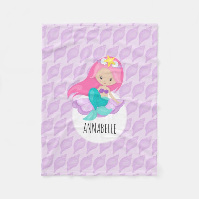 Sjöjungfru Princess Girl Kids Cute Lila Seashell Fleecefilt (Framsidan)