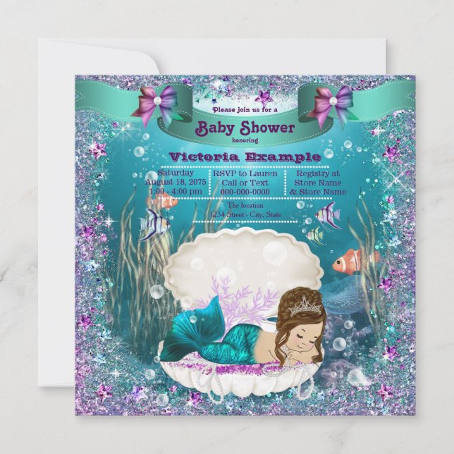 Sjöjungfru Prinsessa Flick Baby Shower Inbjudningar (Framsida)