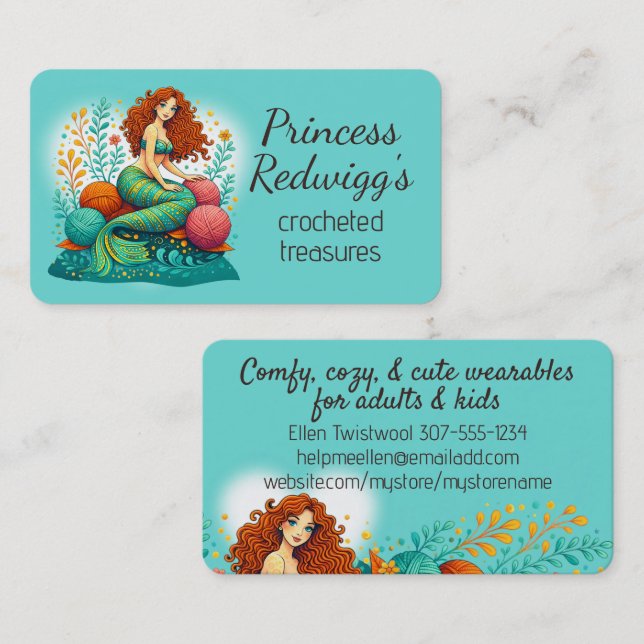 Sjöjungfru prinsessa virkning stickning stickare h visitkort (Fram/baksida)