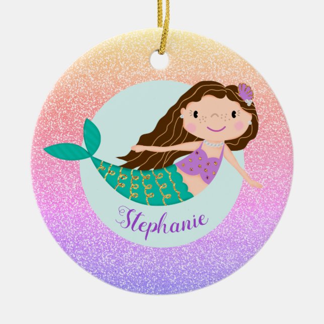 Sjöjungfru Rainbow Glitter Personlig Namn Julgransprydnad Keramik (Framsidan)