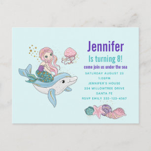 Sjöjungfru Riding a Dolphin Fantasy Födelsedagsfes Inbjudan Vykort