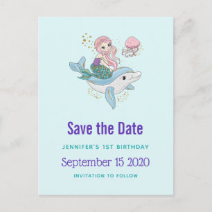 Sjöjungfru Riding a Dolphin Fantasy Save Date Inbjudan Vykort