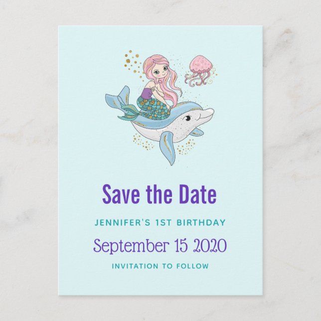 Sjöjungfru Riding a Dolphin Fantasy Save Date Inbjudan Vykort (Framsida)