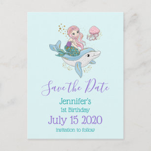 Sjöjungfru Riding a Dolphin Fantasy Save Date Inbjudan Vykort