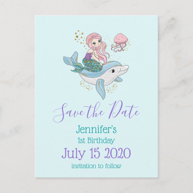 Sjöjungfru Riding a Dolphin Fantasy Save Date Inbjudan Vykort (Framsida)