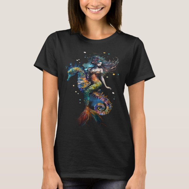 Sjöjungfru Riding Seahorse Fantasy Ocean Mythical  T Shirt (Framsida)