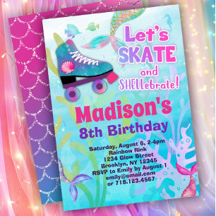 Sjöjungfru Roller Skating Födelsedagsfest Inbjudningar