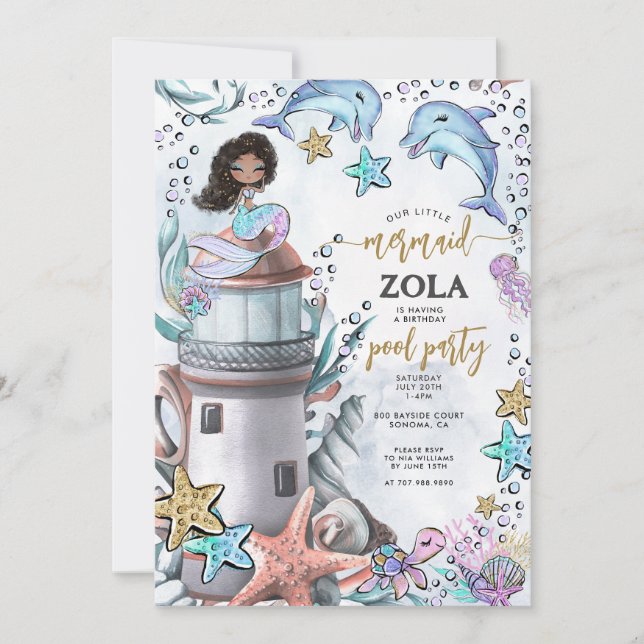 Sjöjungfru Rosa Blue Birthday Bassäng Party Inbjudningar (Framsida)