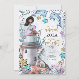 Sjöjungfru Rosa Blue Birthday Bassäng Party Inbjudningar
