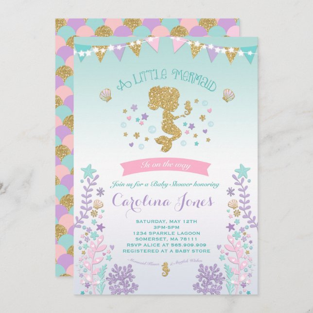 Sjöjungfru Rosa för Lila av spädbarnsskor Inbjudningar (Fram/baksida)