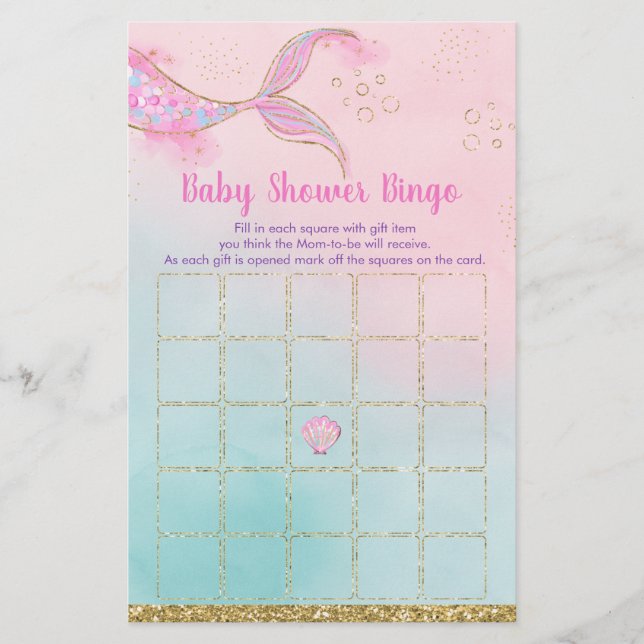 Sjöjungfru Rosa Guld Baby Shower Bingo Game (Framsida)