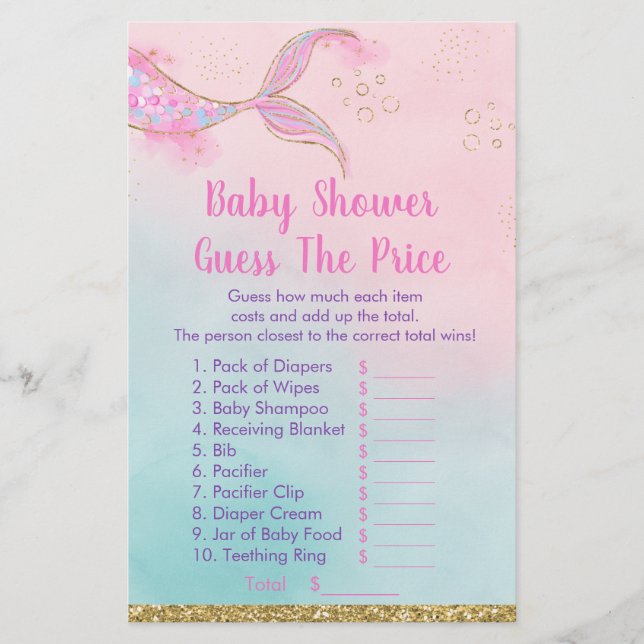 Sjöjungfru Rosa Guld Baby Shower gissar Prist spel (Framsida)