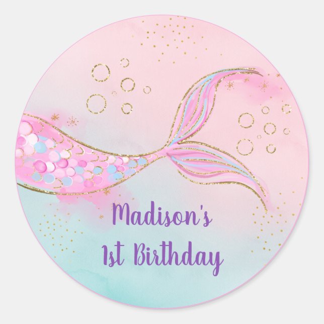 Sjöjungfru Rosa Guld födelsedag Runt Klistermärke (Framsida)