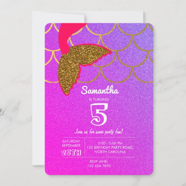 Sjöjungfru Rosa Lila Glitter födelsedag Inbjudningar (Framsida)