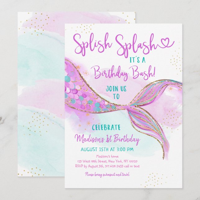 Sjöjungfru Rosa Lila Guld Watercolor Birthday Inbjudningar (Fram/baksida)