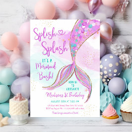 Sjöjungfru Rosa Lila Guld Watercolor Birthday Inbjudningar