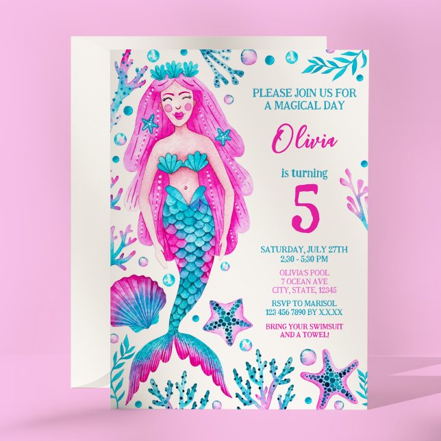 Sjöjungfru Rosa och Turquise Girl's Födelsedagsfes Inbjudningar (Mermaid Pink and Turquoise Girl's Birthday Party Invitation)