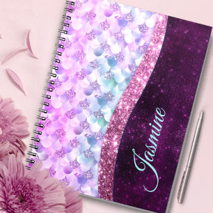 Sjöjungfru rosa silver faux glitter monogram anteckningsbok