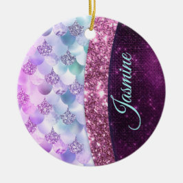 Sjöjungfru rosa silver faux glitter monogram julgransprydnad keramik